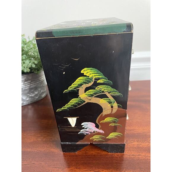 Vintage Black Lacquer Japanese Jewelry Box Ballerina Music Box Hand-painted - Picture 7 of 12